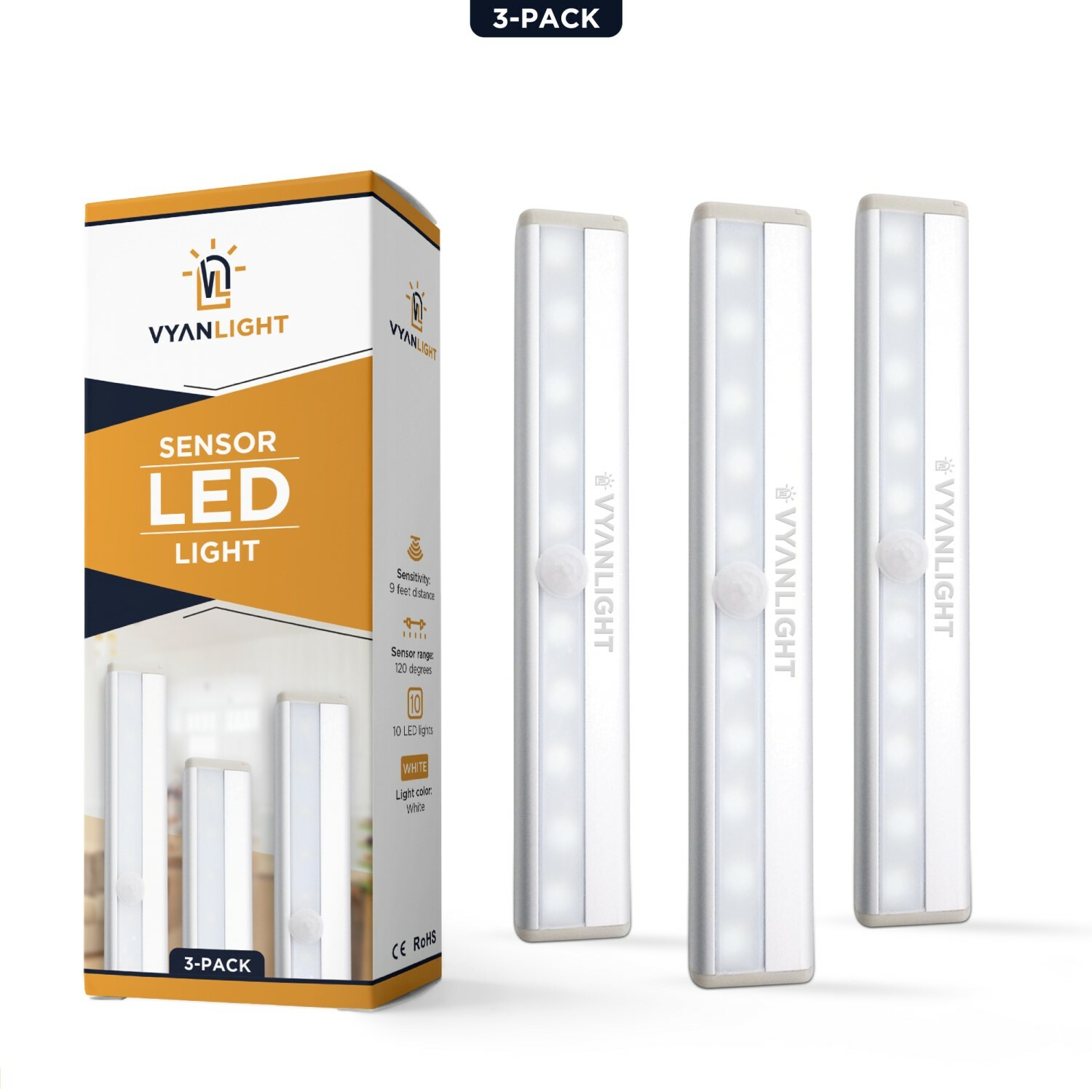Under Cabinet Lights 10 LED Motion Sensor Closet Lights Cordless 3 PACK