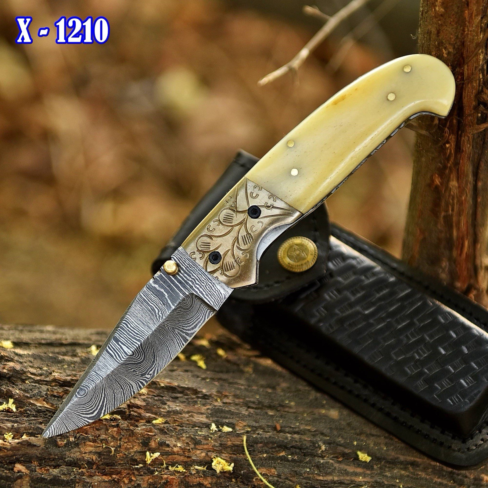 Handmade Damascus Folding Dagger Blade Pocket Knife Tactical Camel Bone Handle
