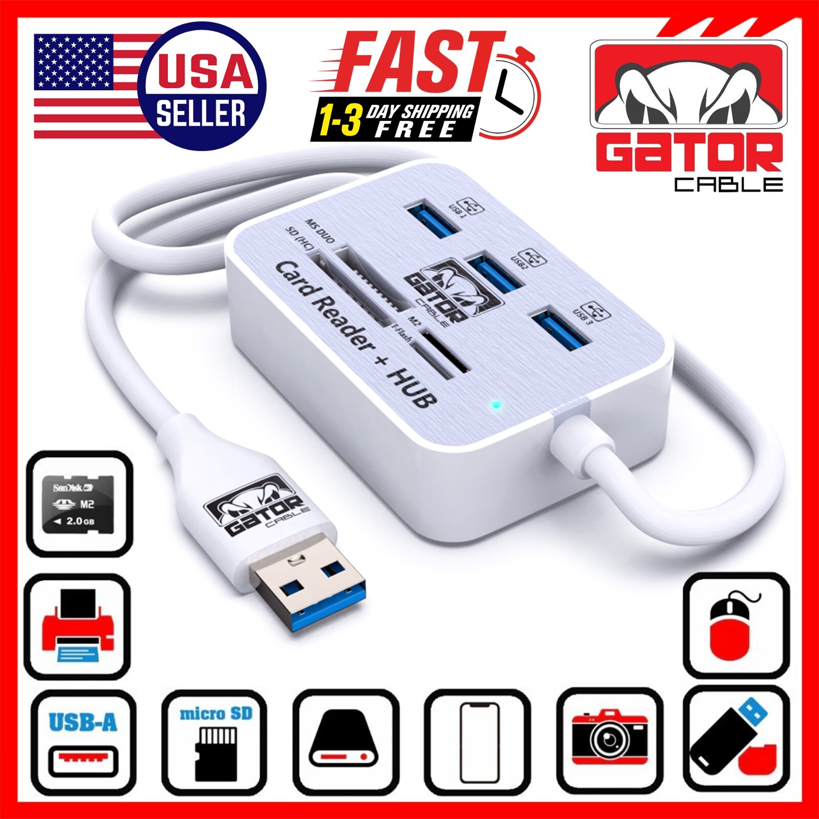 USB 3.1 HUB 3X USB-A 3.0 Port Multi Memory Card Reader MS Micro SD M2 TF Adapter