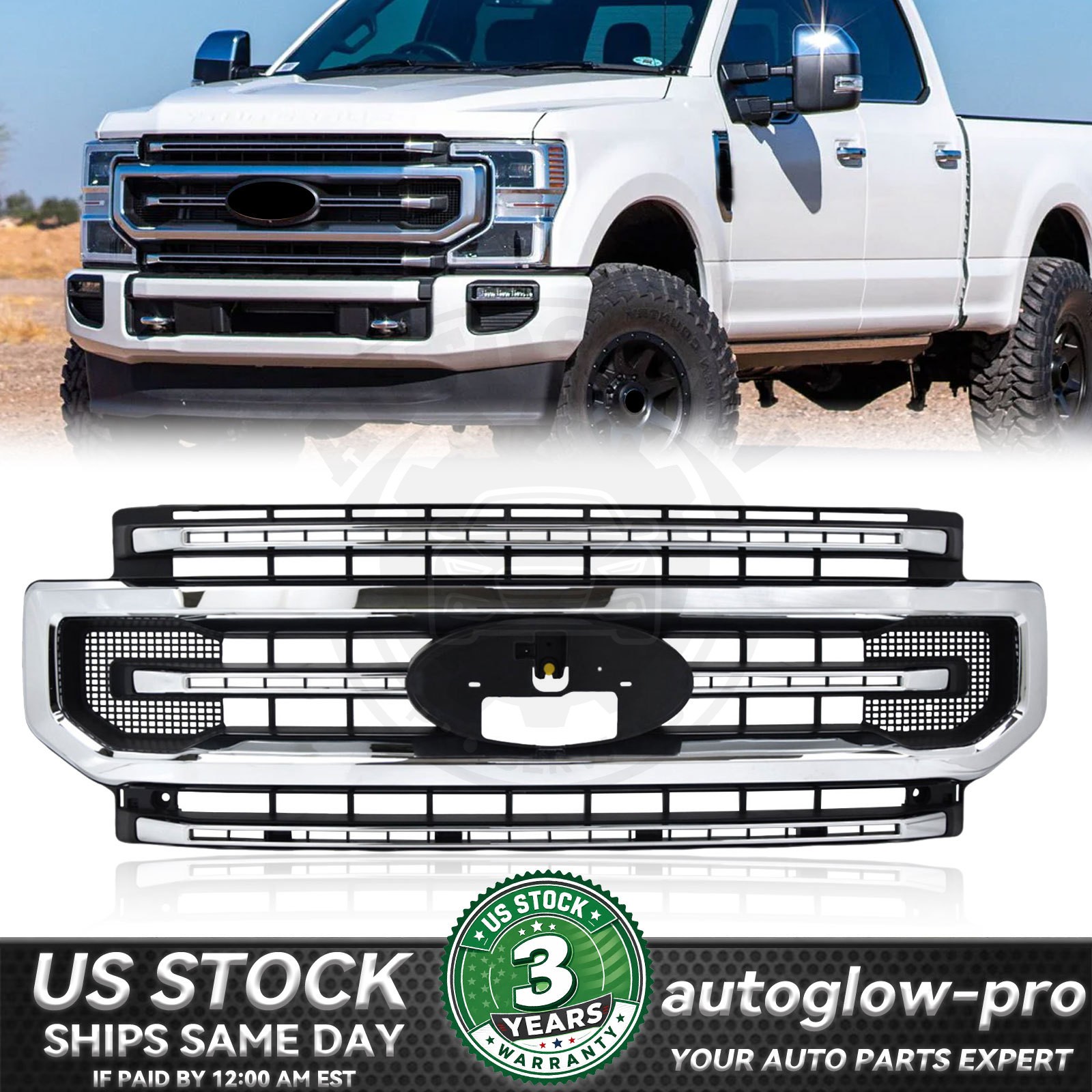 For 2020-2022 Ford F-250 F-350 Super Duty Platinum Chrome Front Bumper Grille
