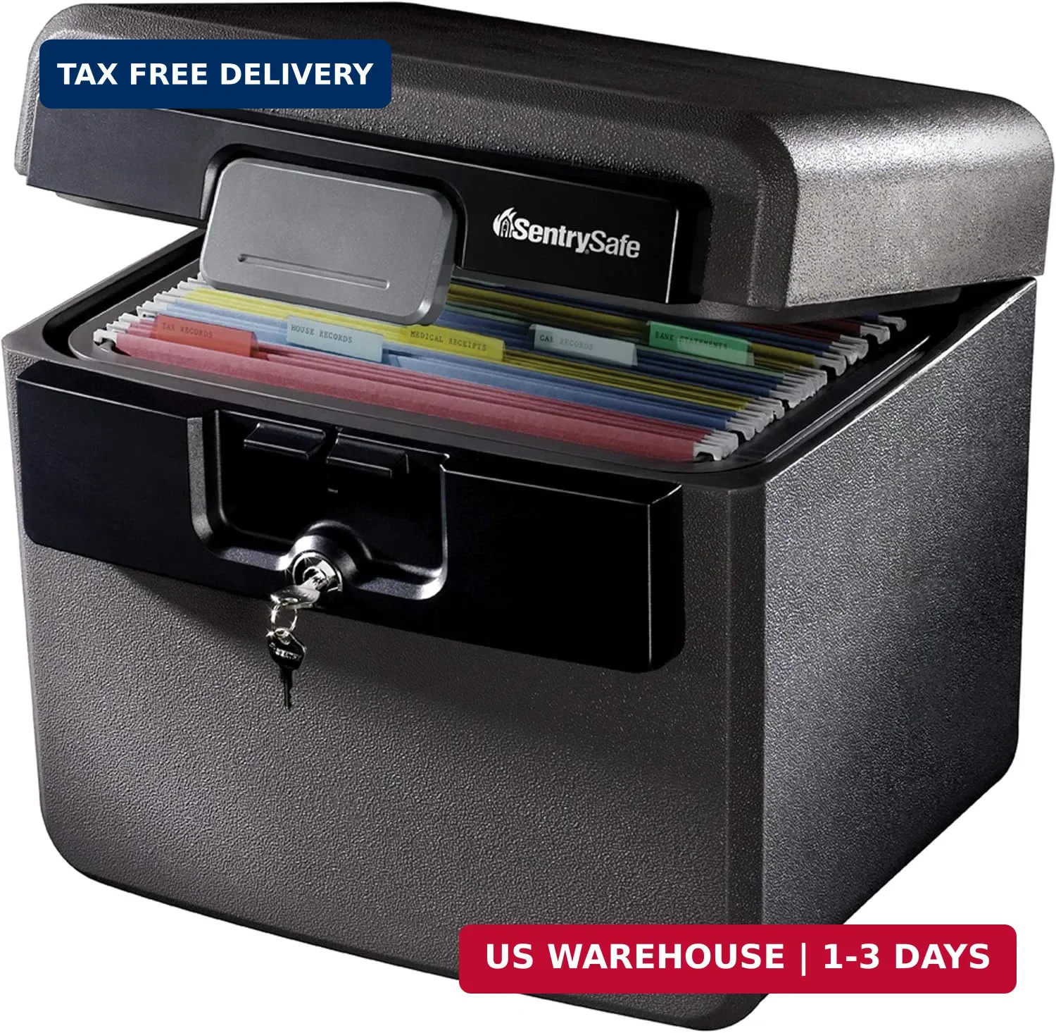 Black Fireproof and Waterproof Safe, File Folder and Document Box with Key Lock,