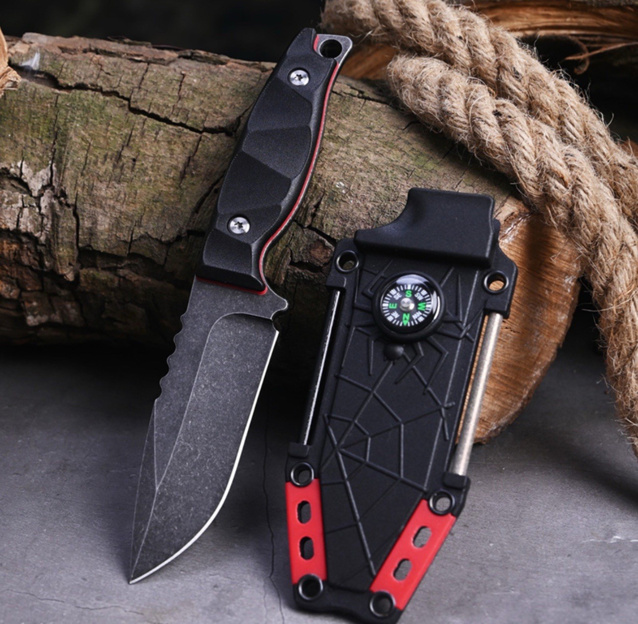 Small Fixed Blade Tactical Hunting Knife with Sheath,Fire Starter,Compass,Mirror