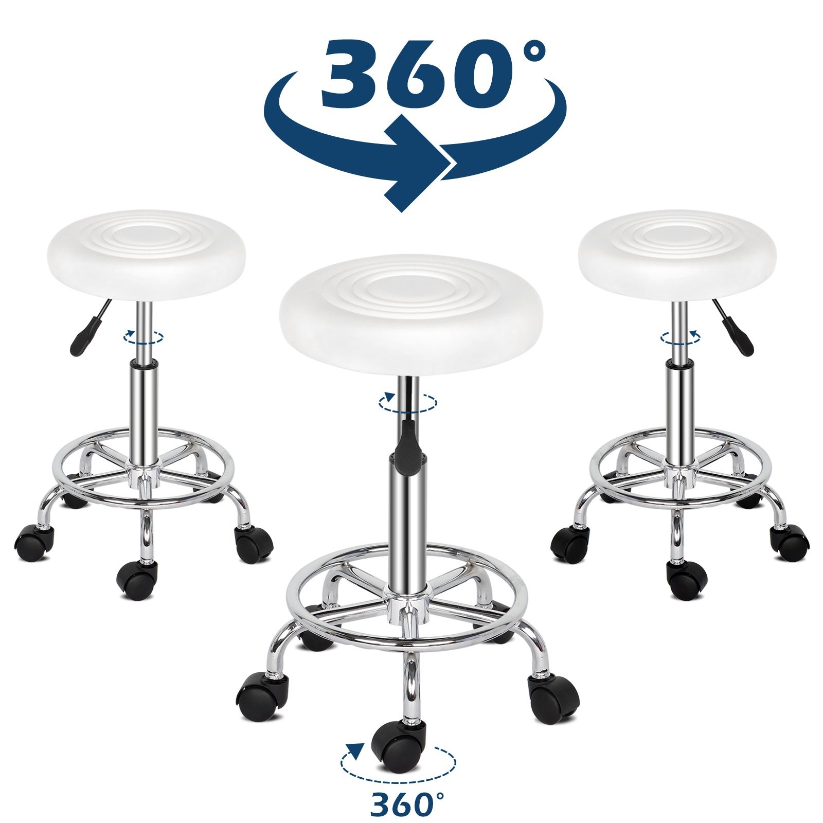 PU Leather Round Rolling Stool with Footrest Height Adjustable Spa Salon Chair