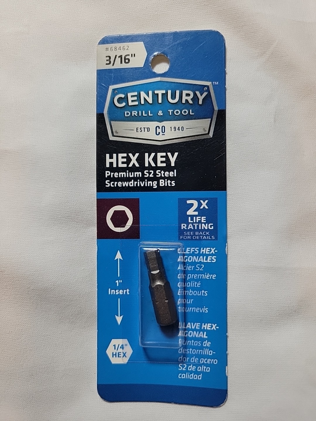 3/16" HEX KEY CENTURY DRILL AND TOOL BIT 1" INSERT  #68462
