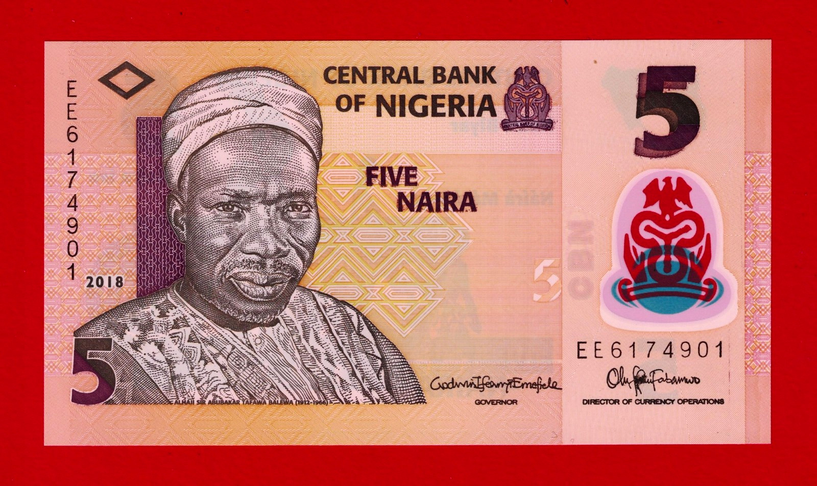 FIVE (5) NAIRA 2018 NIGERIA UNC POLYMER NOTE (Pick-38i) Sign: Emefiele & Fabamwo