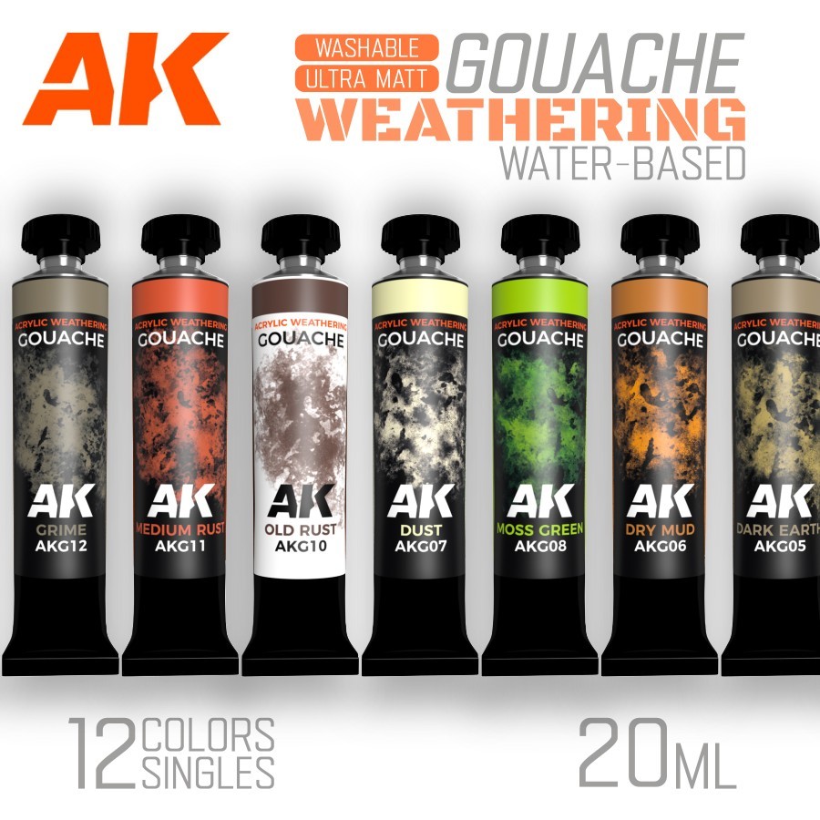 AK Interactive: Water-based Weathering Paint - GOUACHE - Singles 12 Colors