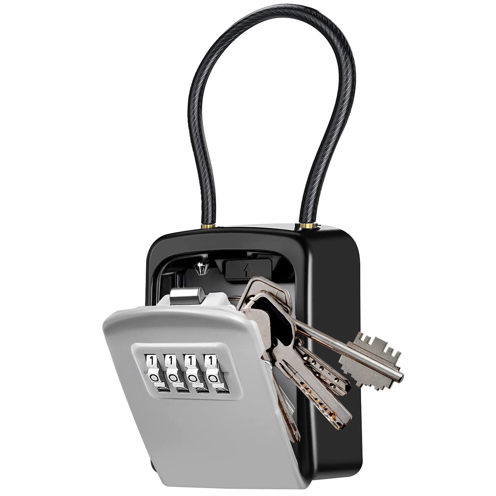 Key Lock Box,4-Digit 73mm (L) x 70mm (W) x 28mm (D), Grey & Cable & Large