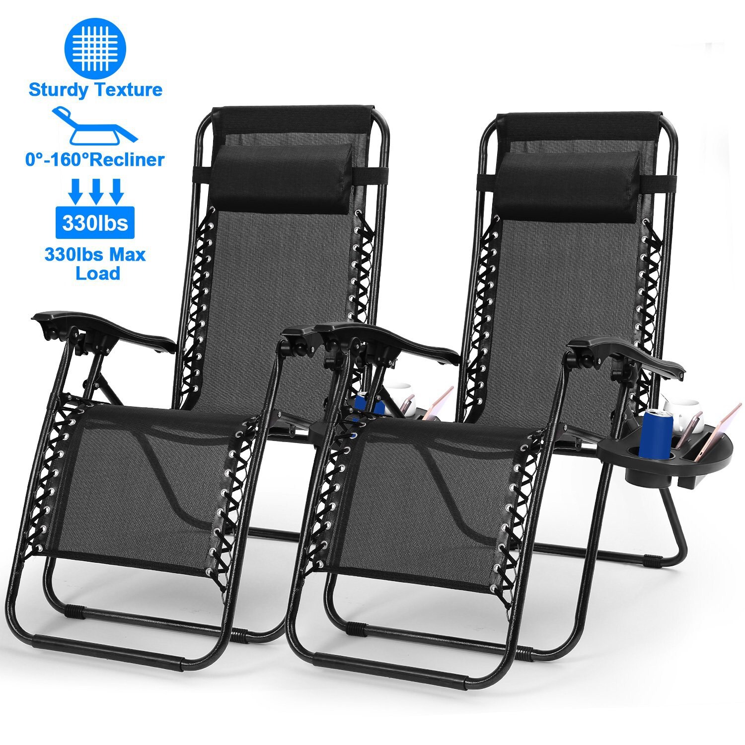2 Pack Gravity Chairs Folding Patio Lounge Beach Outdoor Recliner with Side Tray