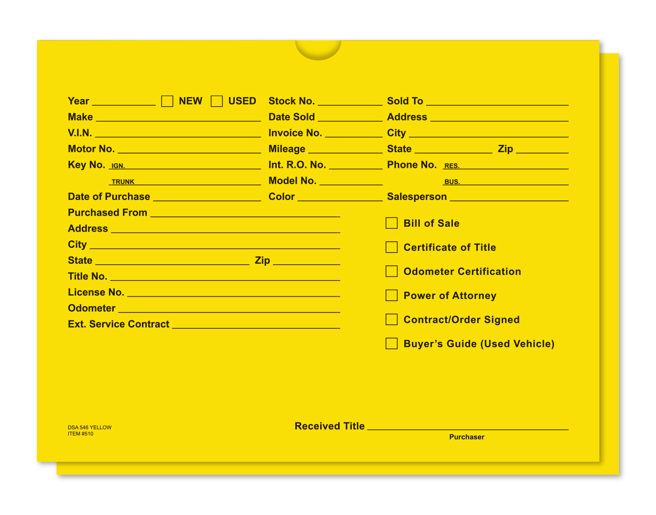 Deal jacket - Yellow - Auto Car Dealer Record Envelope - Qty 100 - #5110-100