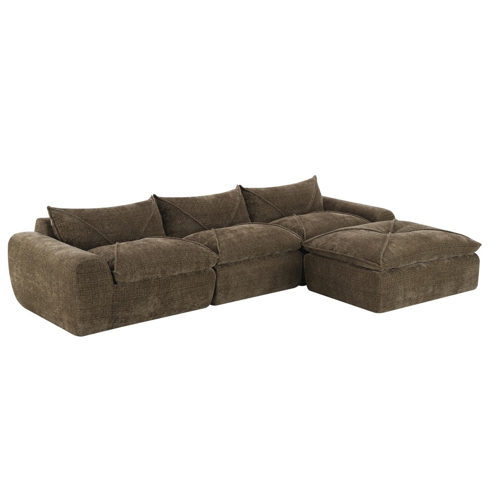 Brown Chenille 4-Seater Sectional Sofa w/Ottoman - No Assembly
