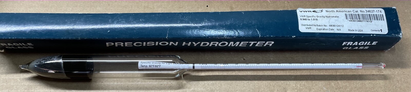 VWR Specific Gravity Hydrometer, 0.940-1.010, 34627-174