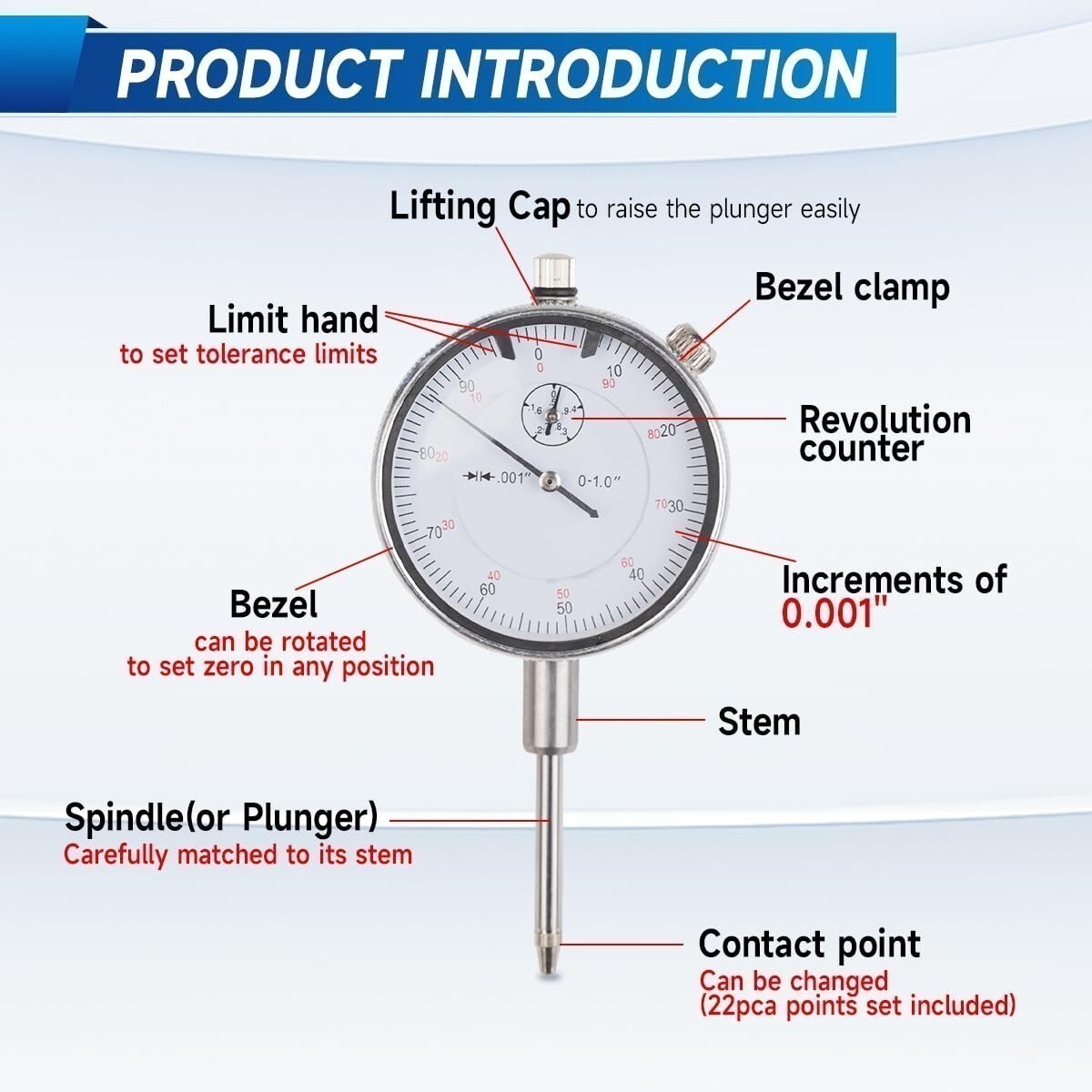 Dial Indicator with Magnetic Base 0.001"Precision Gauge Test Indicator Point Set