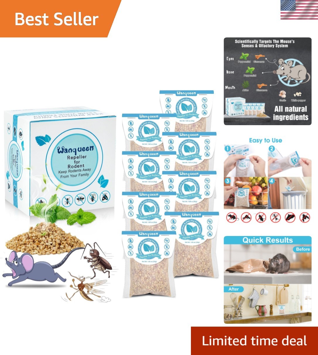 8 Pack Mouse Repellent Pouches with Peppermint Oil, Rodent Repellent, Mice Re...