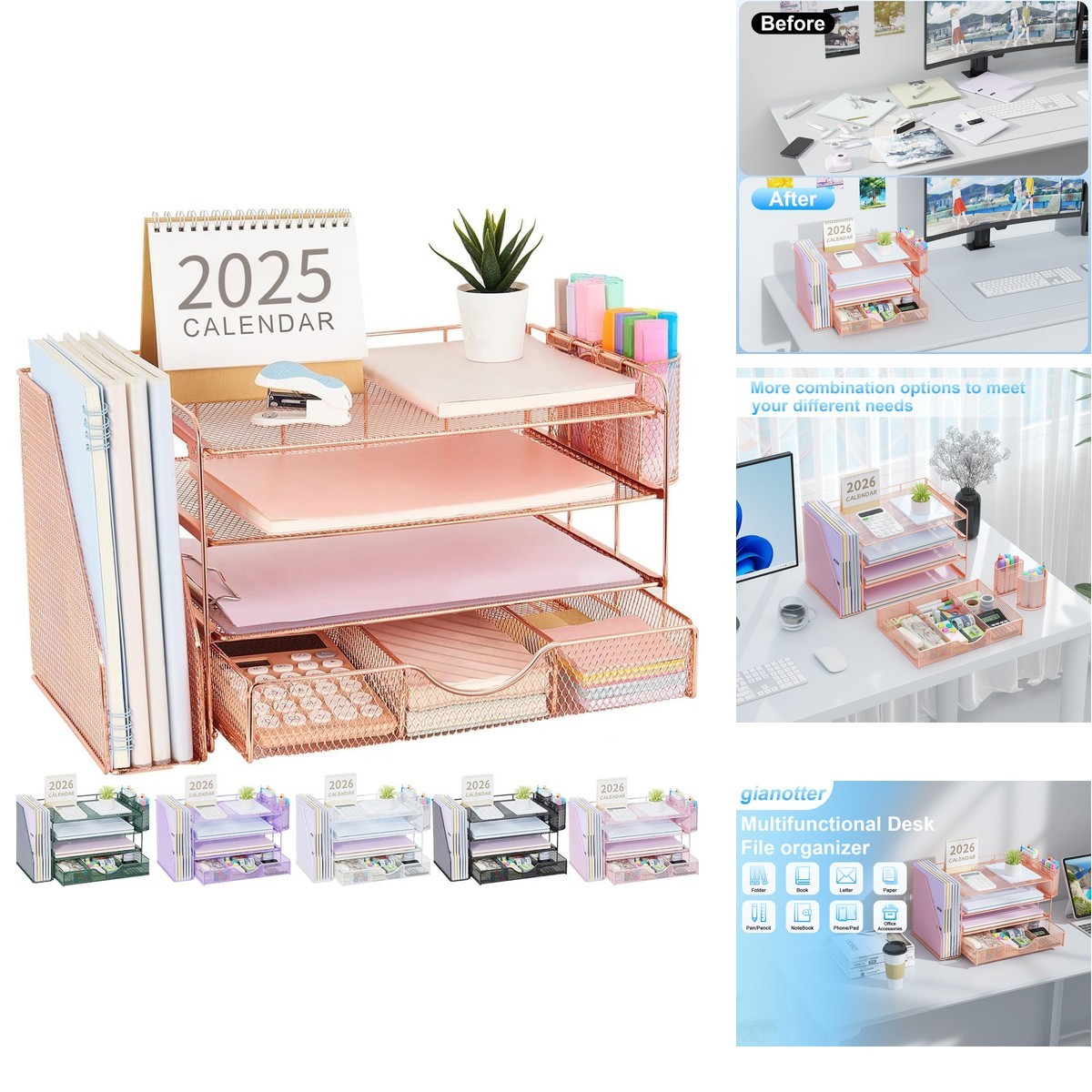 gianotter 4-Tier Desk Organizer File Holder Drawer 2 Pen Holder Rose Gold