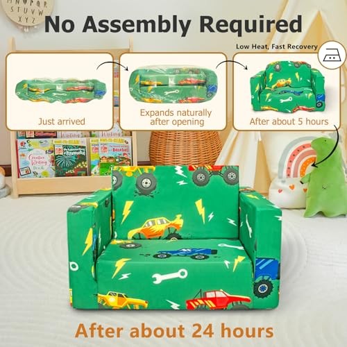 Kids Couch, 2-in-1 Kids Fold Out Sofa, Convertible Toddler Green Monster Trunk