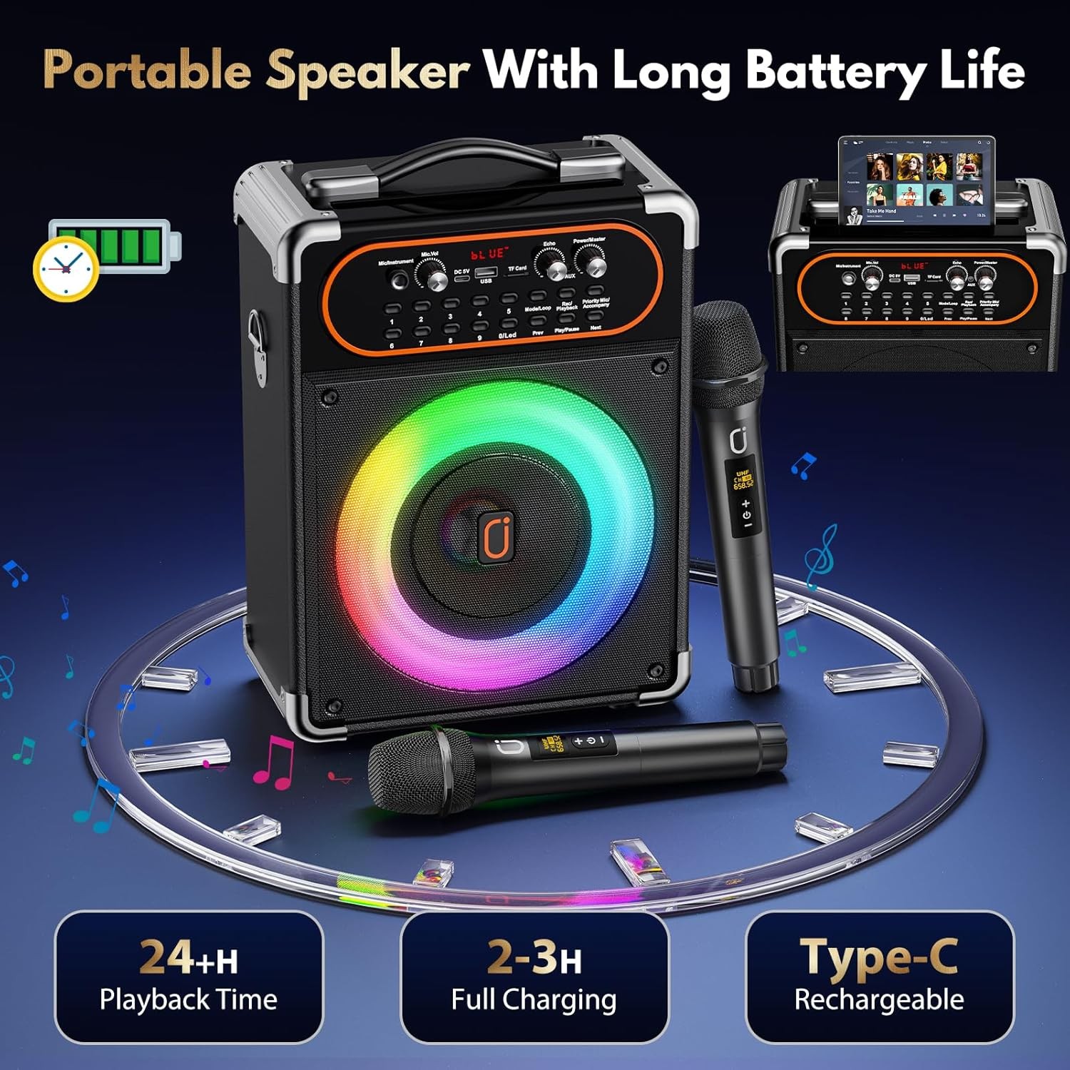 HWWR Karaoke Machine Bluetooth 5.3 2 Mics Echo TWS Black