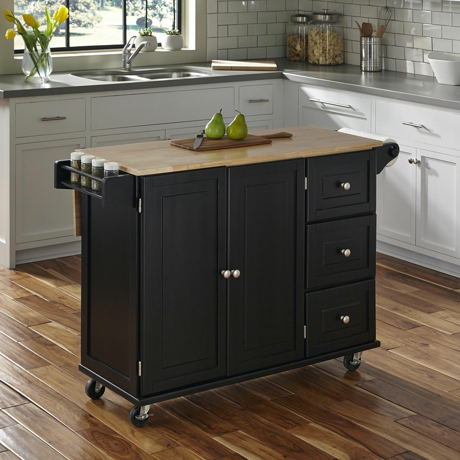 Black Wooden Kitchen Island Utility Cart Wheel Cabinet Storage Drawers Drop Leaf