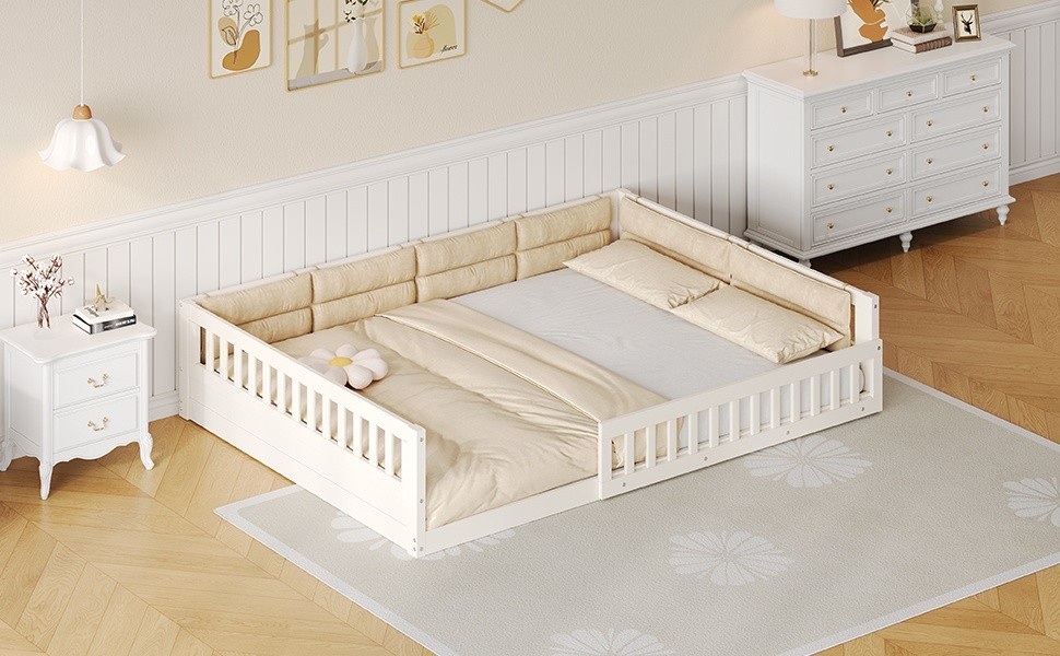 Full Size Upholstered Platform Bed with Guardrail & Pillow, Beige