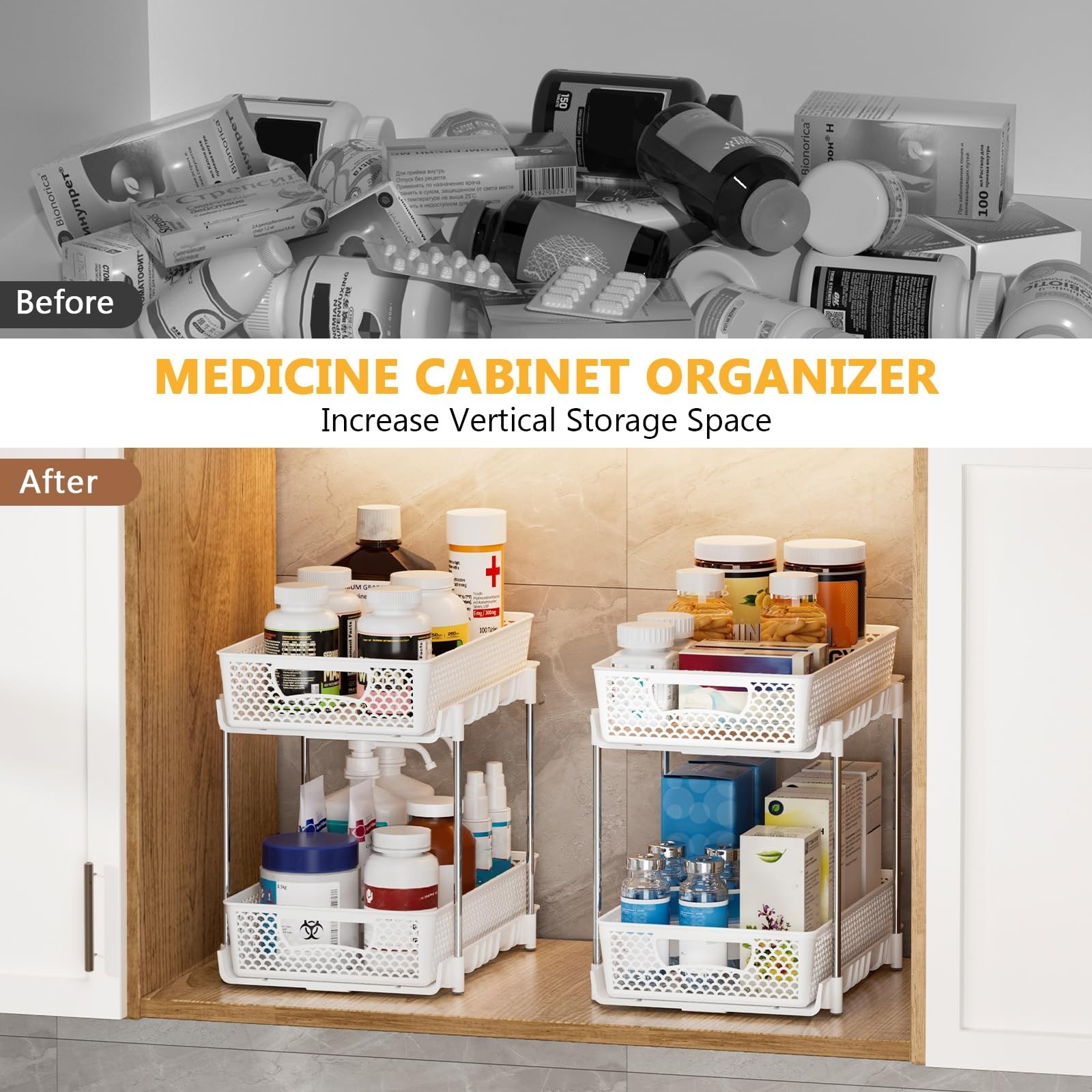 DABIGE 2 Pack Pull Out Bathroom Organizer 2 Tier Stackable Under Sink White