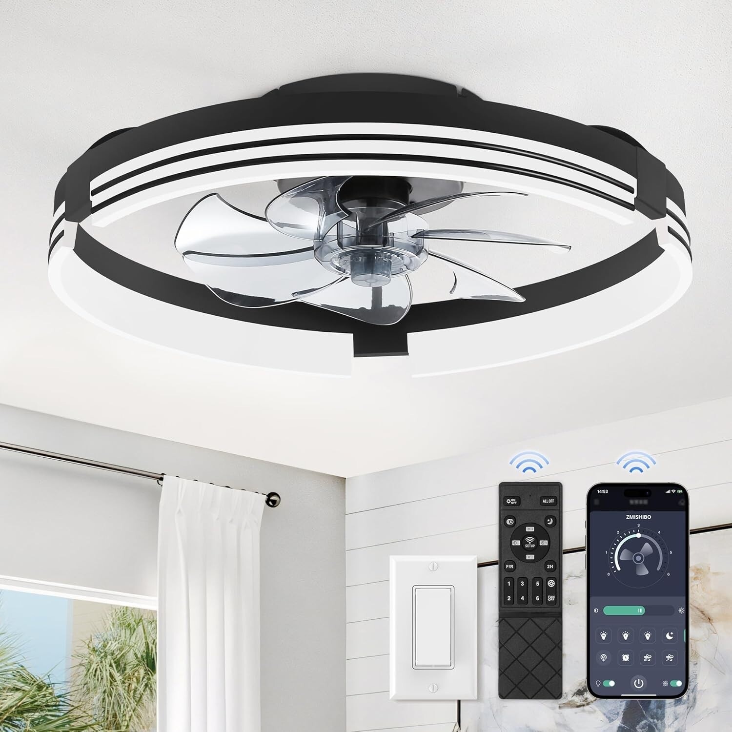 20" Low Profile Ceiling Fan with Lights, Remote, Dimmable, 6 Speeds, Black