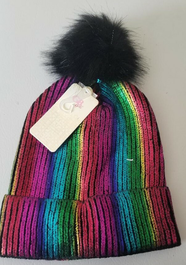GB Girls Metallic Faux Fur Hat Knit Beanie Pom Pom Pick Color New