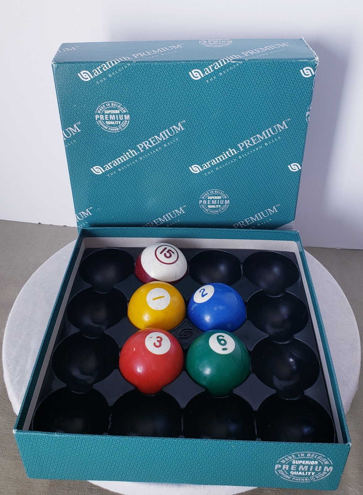 Aramith PRIMIUM Pool Balls (#1,2,3,6,15) and Box
