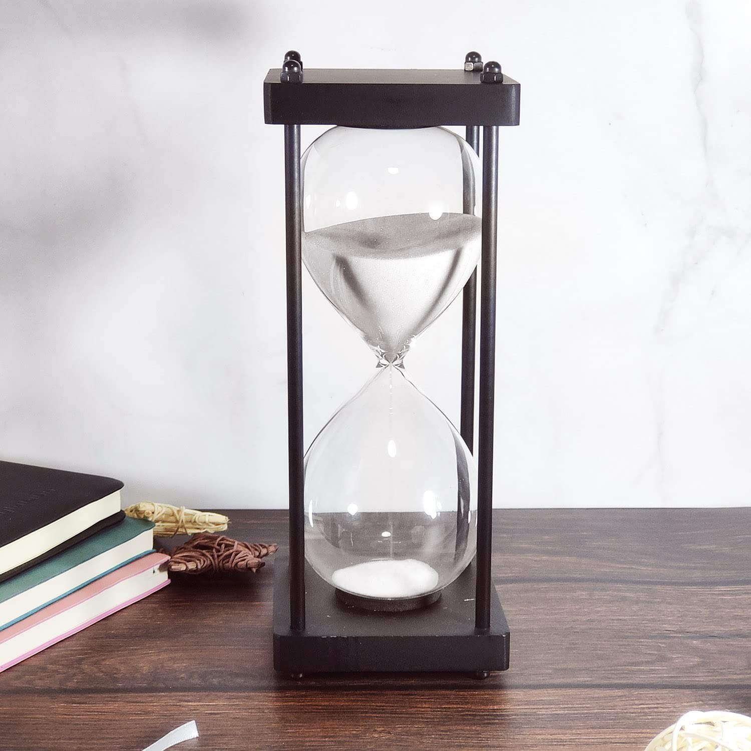Large Hourglass Timer 60 Minute, Decorative Black Frame Sandglass with White ...