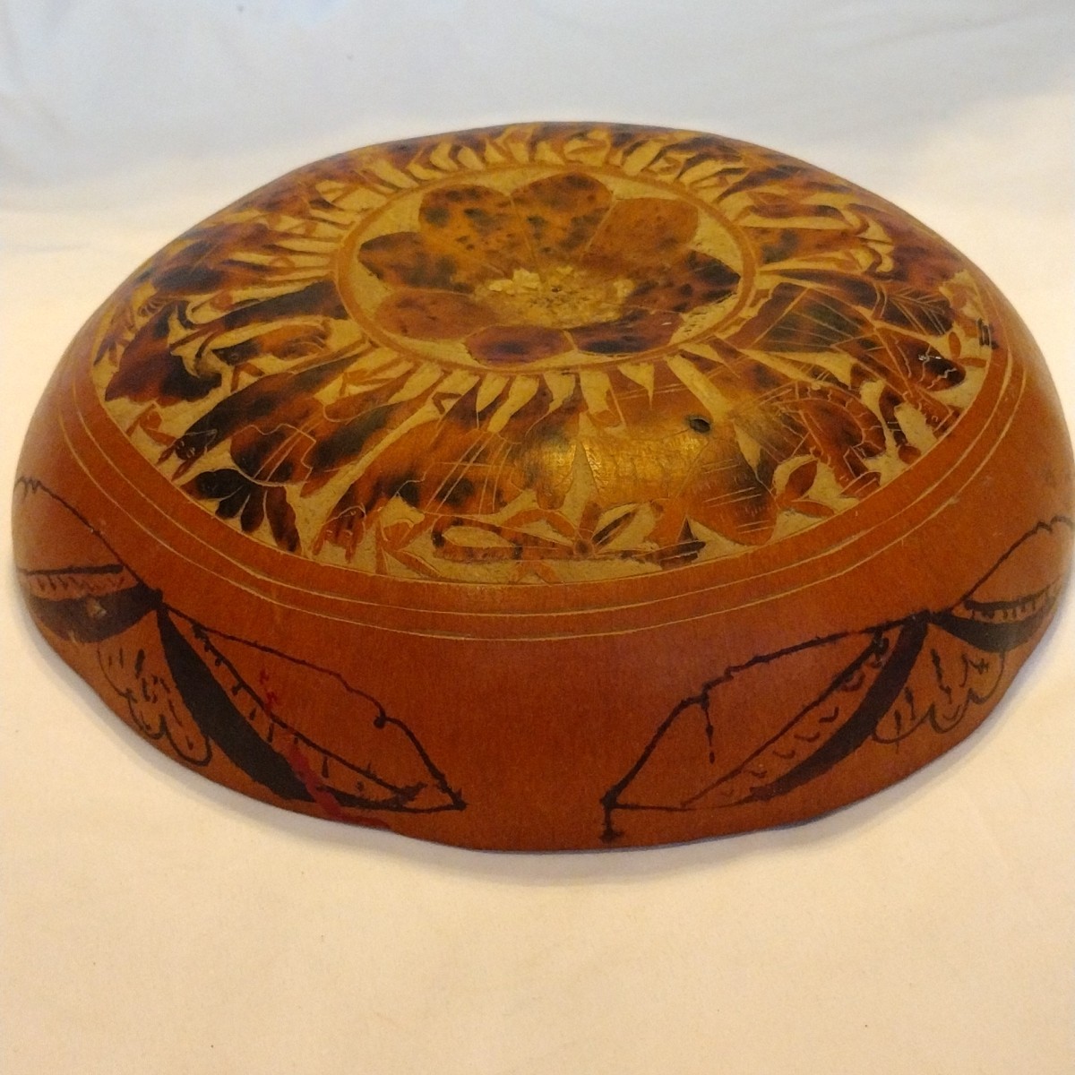Vintage Peruvian Carved Jicara Gourd Wall Hanging 9.5" X 9.5"