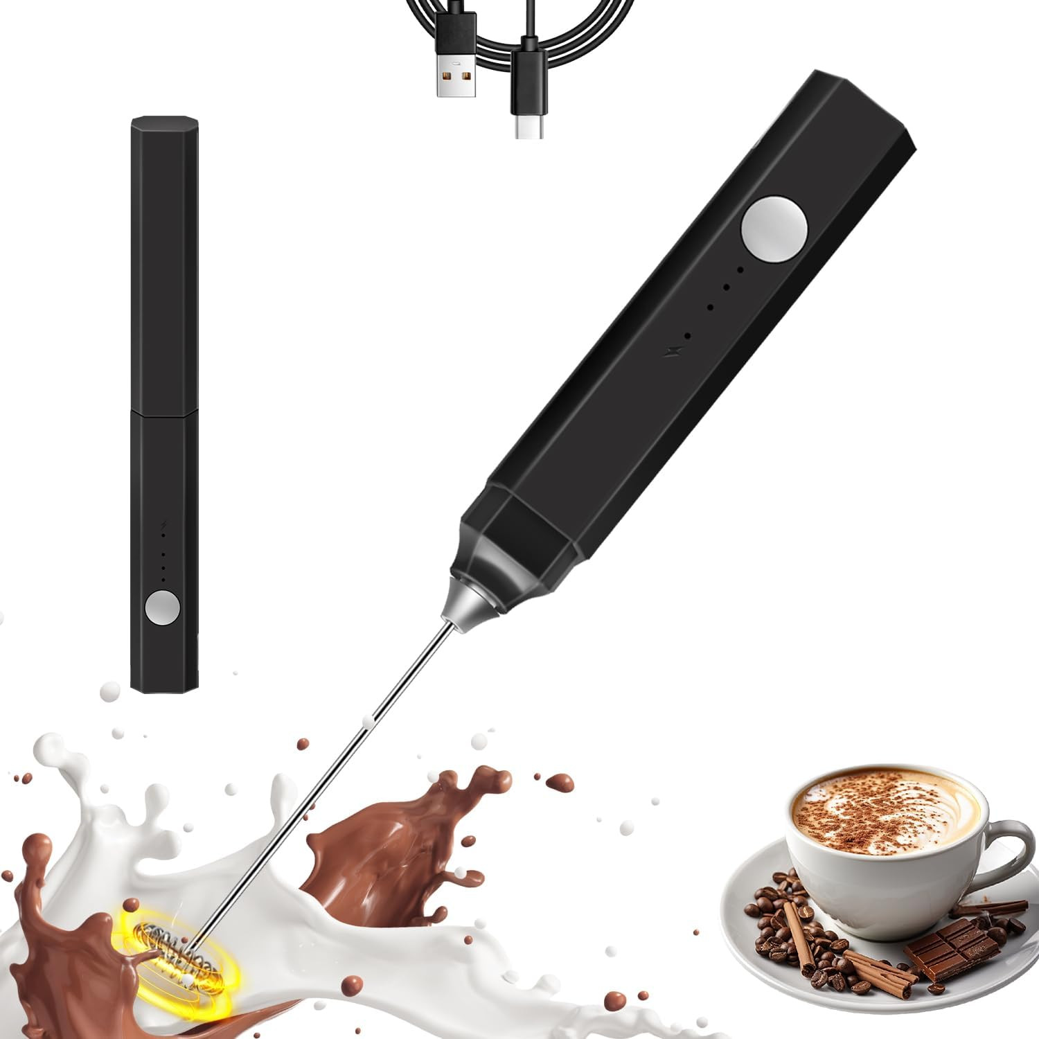 Rechargeable Milk Frother Handheld 3-Speed Electric Foam Maker for Coffee Latte
