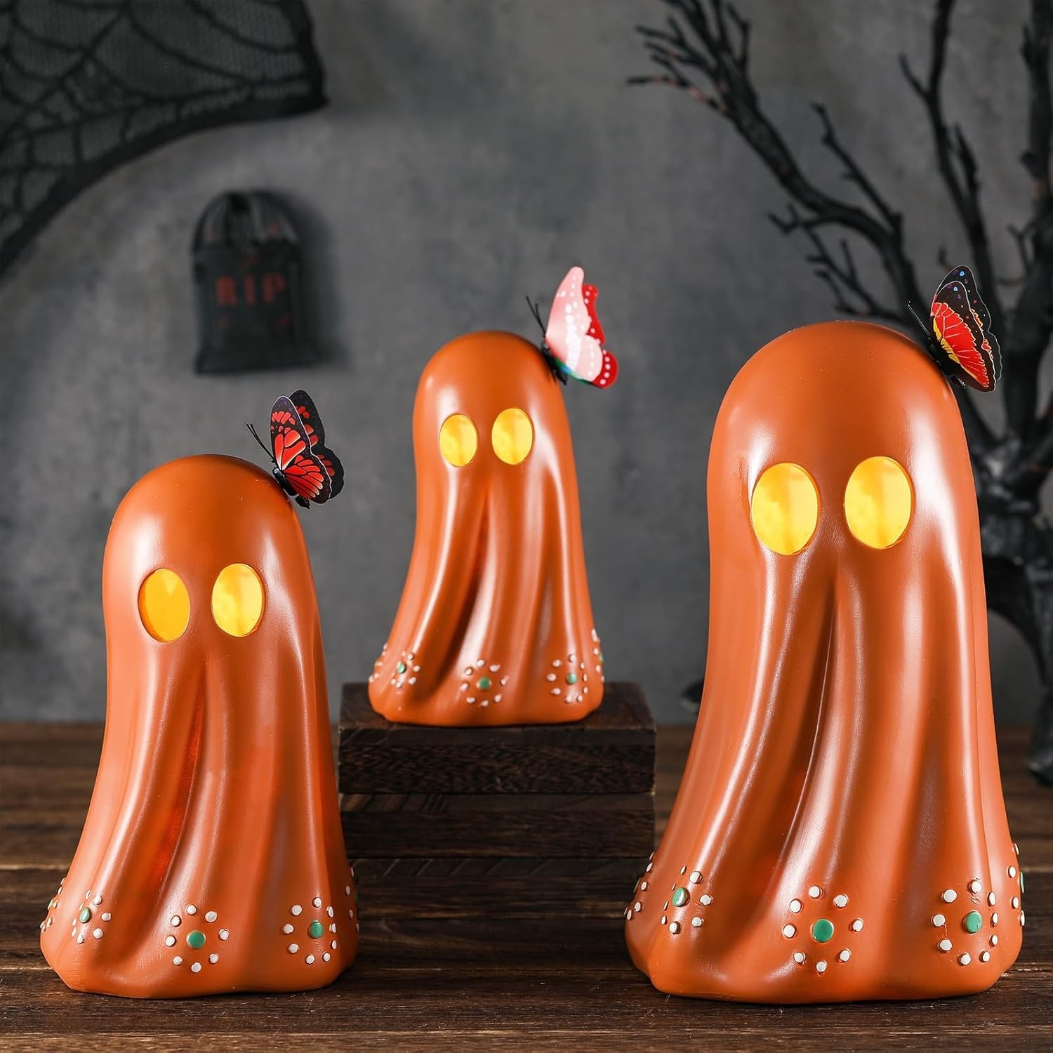 Bucherry 3 Pcs Mexican Ghost Decoration with Light - Large 6" 8" 10" Resin Day o
