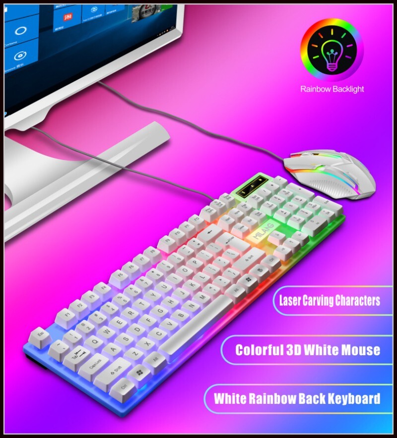 White Gaming Mechanical Keyboard Mouse USB Wired LED Backlight