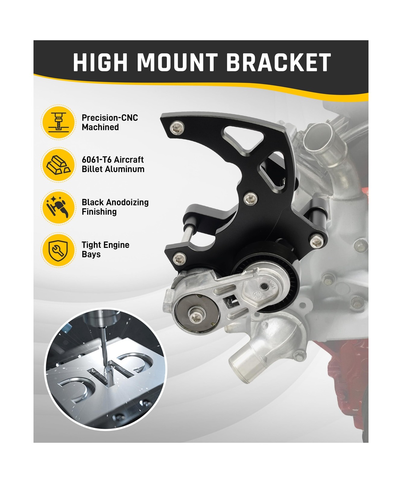 Wyckoff LS Swap R4 AC Compressor Bracket Kit, High Mount A/C Brackets Compati...