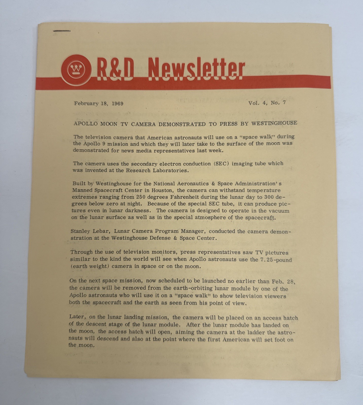 Rare Westinghouse Research & Development 1969 Newsletter Apollo Mission Camera