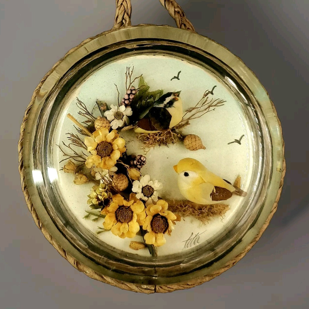 Vtg Pressed Signed Tila Birds Wildflowers Hanging Suncatcher Glass Frame Loop