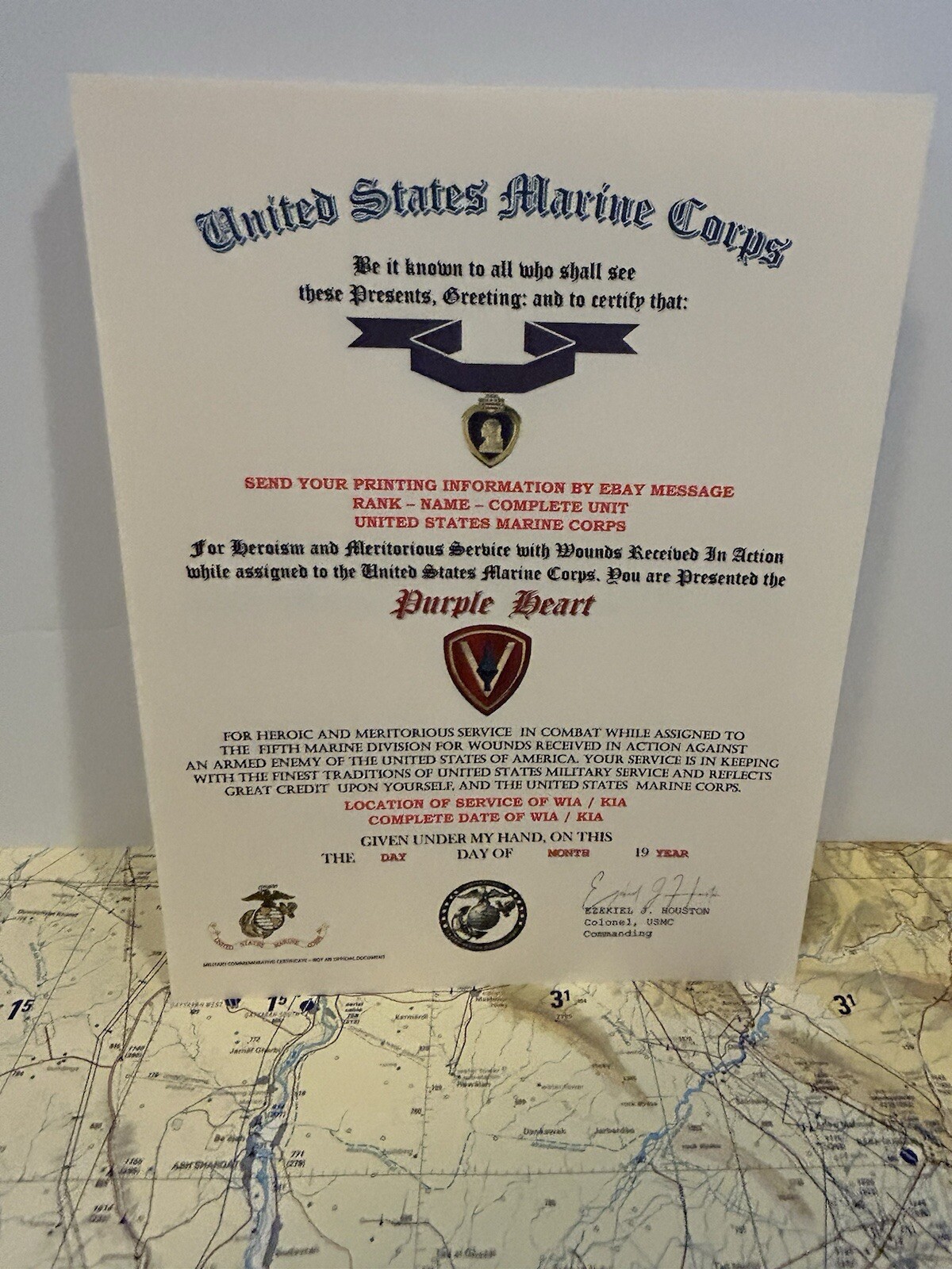 U.S.M.C. / P.H. MEDAL COMMEMORATIVE CERTIFICATE - 5TH MARINE DIVISION