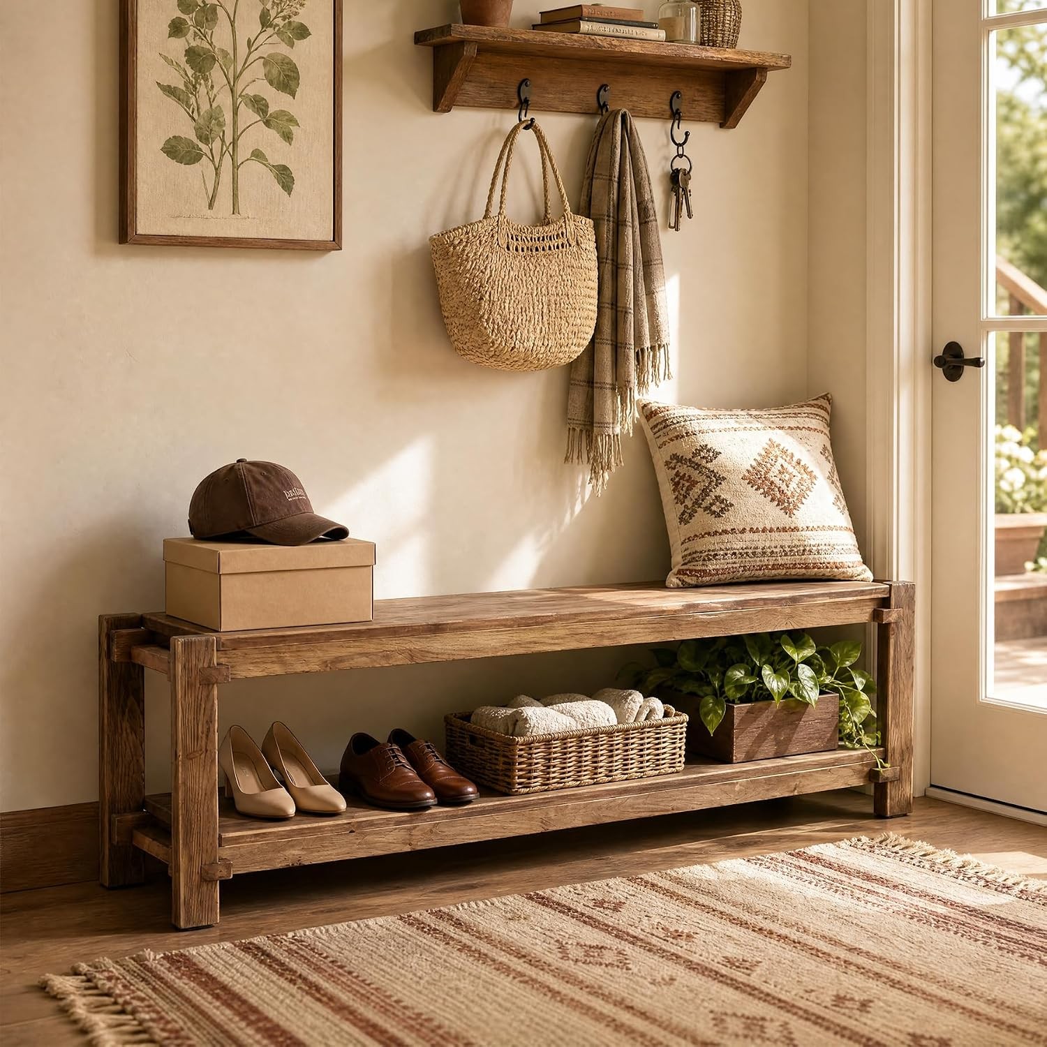 63-Inch Solid Wood Entryway Bench, 2-Tier Shoe Seating Bench with Open Shelves