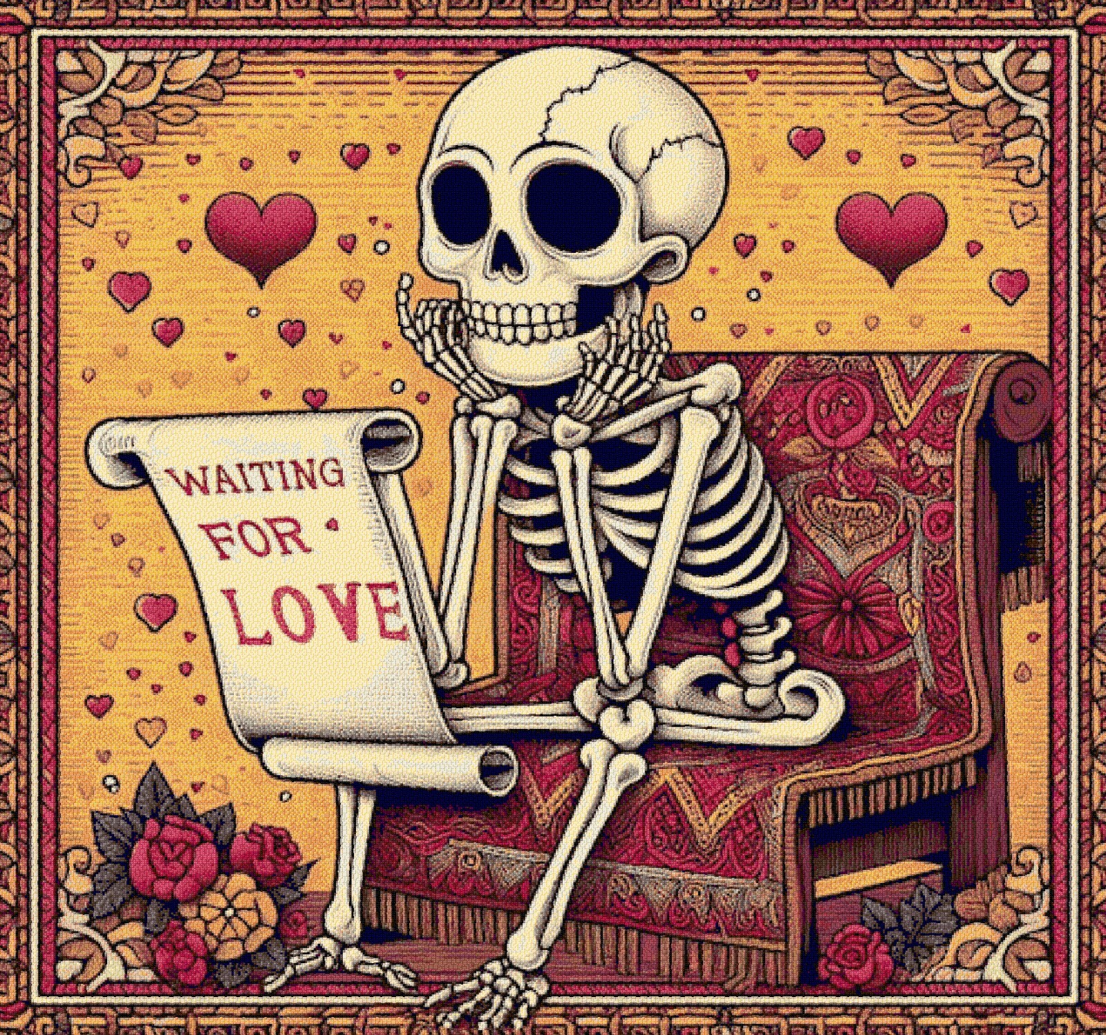 Skeleton Waiting for Love Cross Stitch Design + Photo + Pattern Keeper File