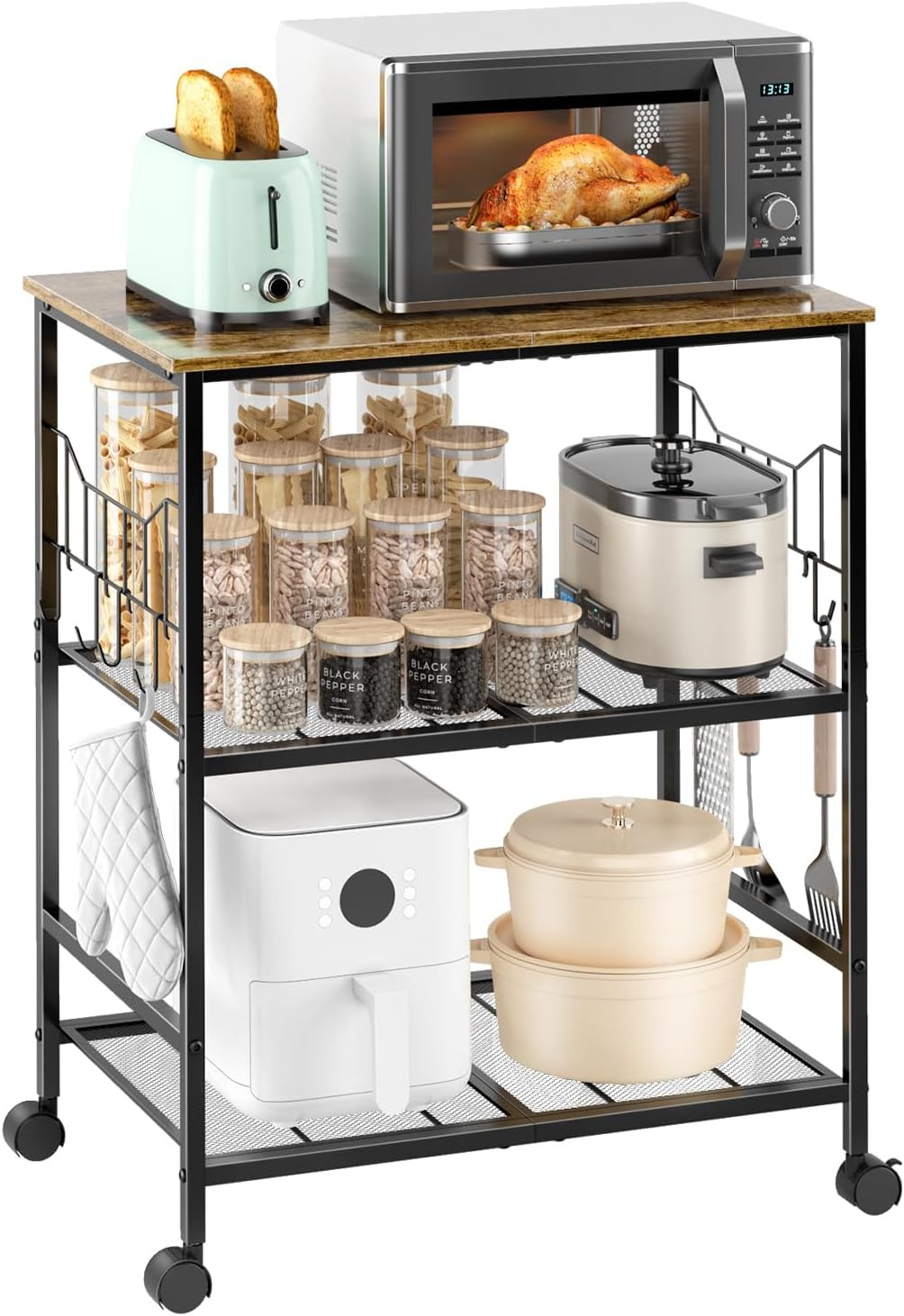 Rolling Kitchen Microwave Cart with Wheels, 3 Tier Microwave Storage Cart with A