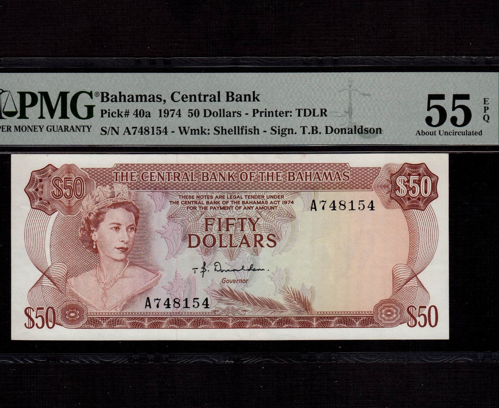 Bahamas 50 Dollars 1974 P-40a * PMG AU 55 EPQ * Queen Elizabeth *
