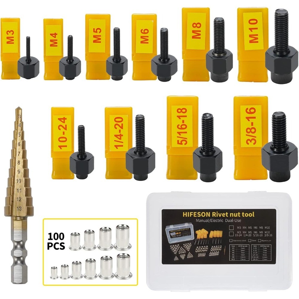 Hand Rivnut Tool Metric SAE with Step Drill Stainless Steel Rivnuts