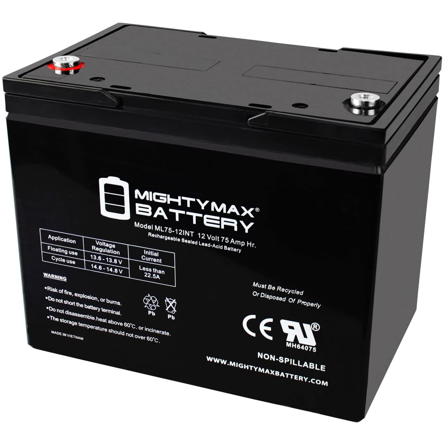 Mighty Max 12V 75Ah INT Battery Replaces The Basement WatchDog Model BW-27AGM