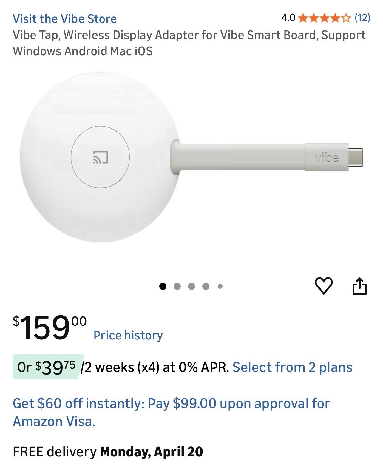Vibe Tap Wireless Display Adapter HDMI Wi-Fi Dongle for Smart Board White