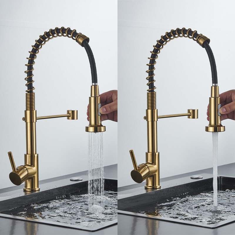 Brushed Gold Kitchen Faucet with Pull Down Sprayer Single Handle Spring Faucet