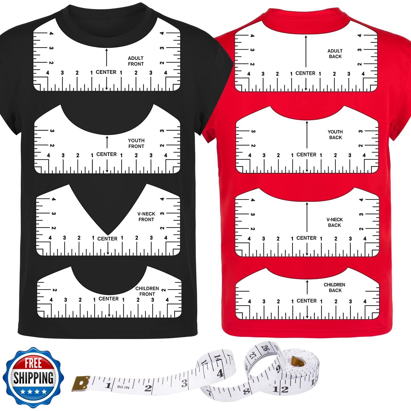 9Pcs Tshirt-Ruler Guide to Center Vinyl, Transparent V-Neck/Round PVC Ruler f