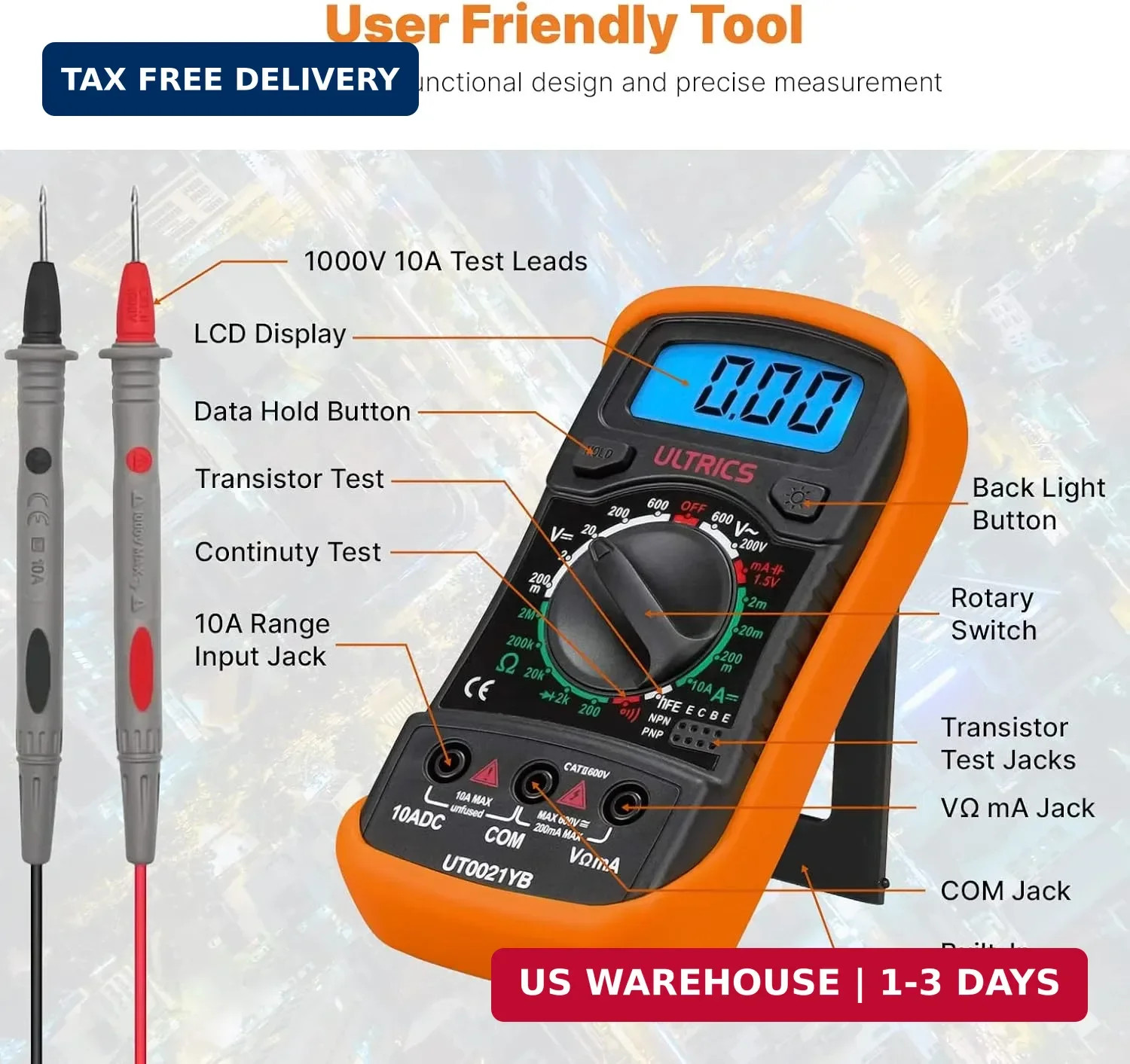 ULTRICS Digital Multimeter, Voltmeter Ammeter Ohmmeter Circuit Checker with Back