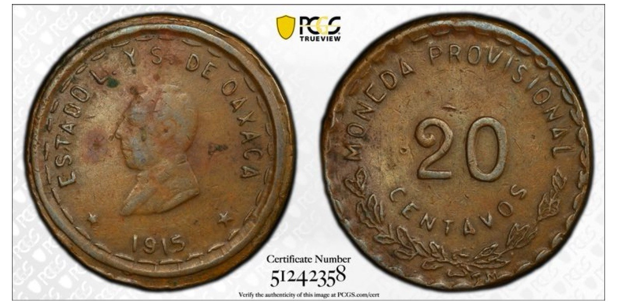 1915 MEXICO 20 CENTAVOS OAXACA KM-732 PCGS XF