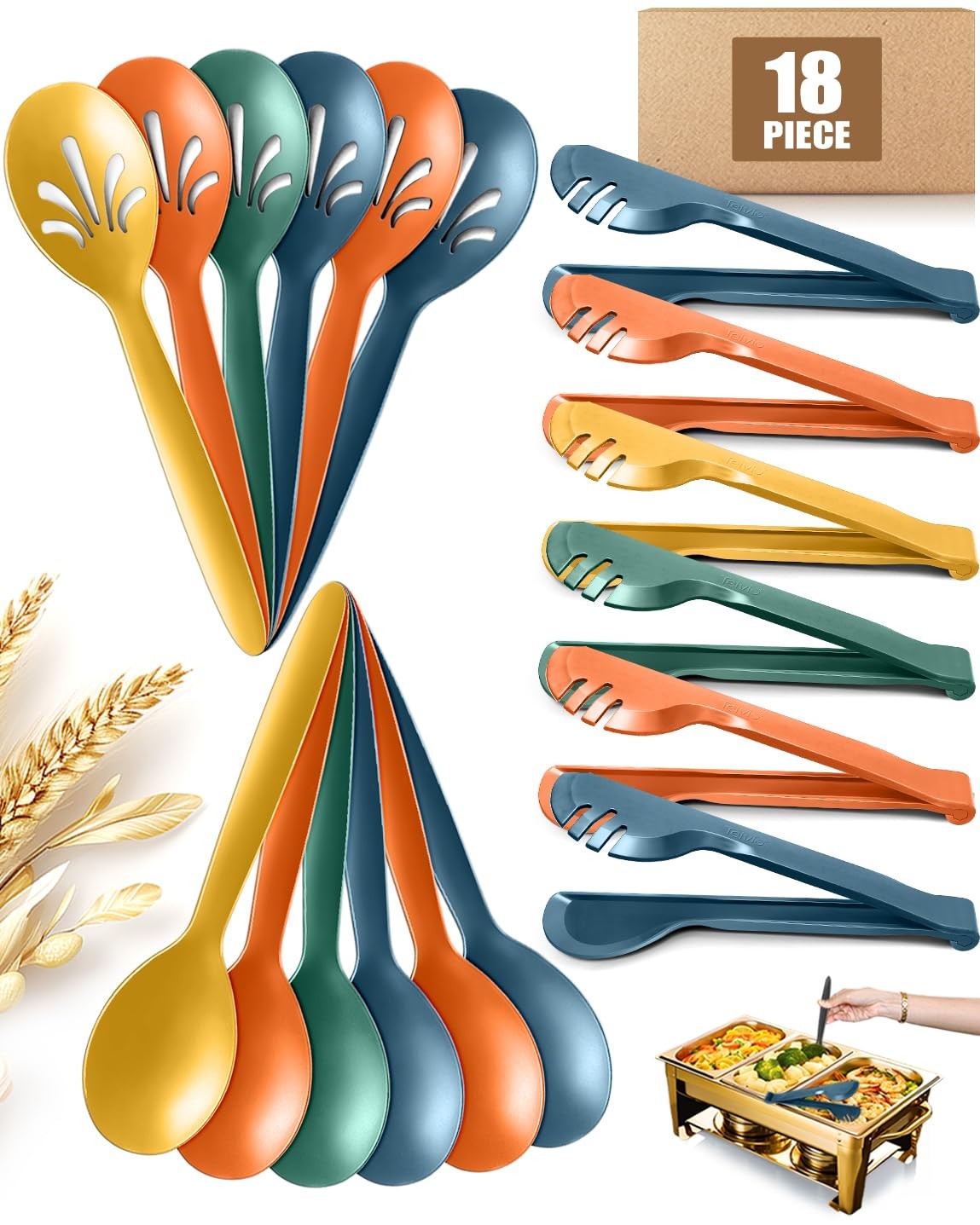 Reusable Plastic Serving Utensils Set of 18, 10" Wheat straw Large Serving se...