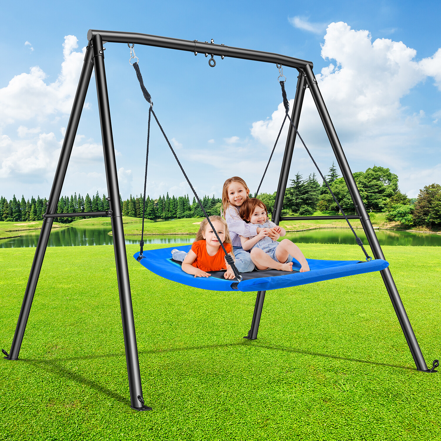 440lb Metal Swing Set with 60" Platform Swing Metal Frame Kids Backyard Playset