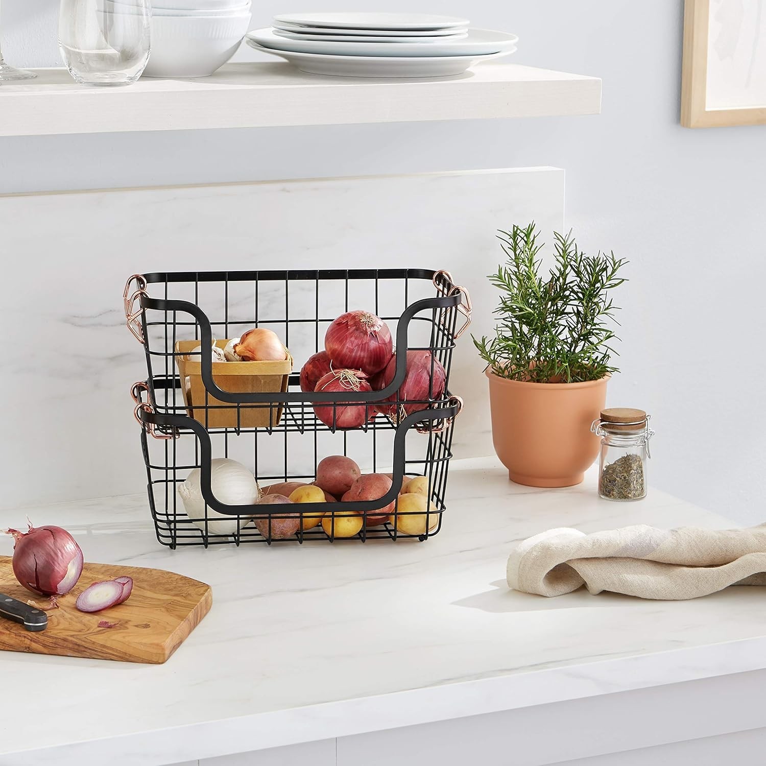 Stackable Metal Wire Rectangular Storage Basket Set Kitchen/Bathroom 2 Count