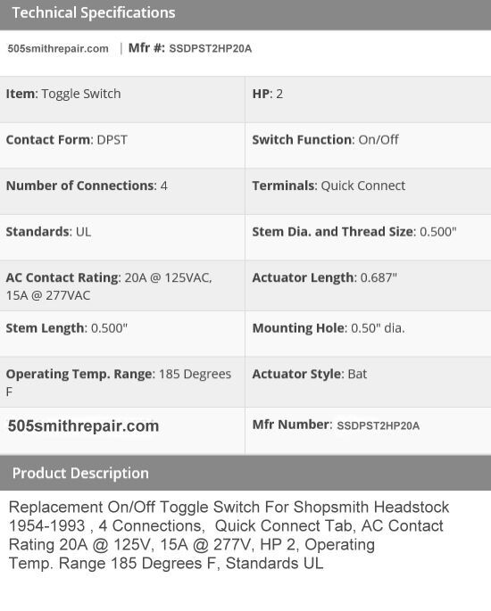 Toggle Switch ON-OFF for Shopsmith Mark V Headstock 1954-1991